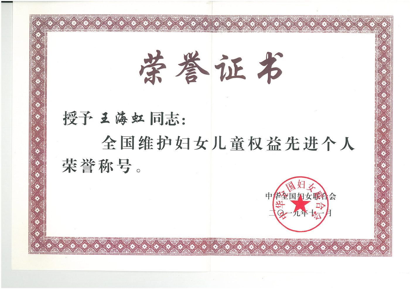 2019年全国维护妇女儿童权益先进个人